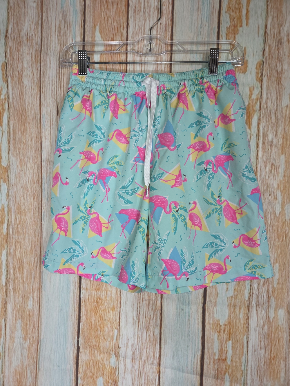 Chubbies Aqua Flamingo Print Drawstring Swim Trunks. Size Small. 7" Inseam